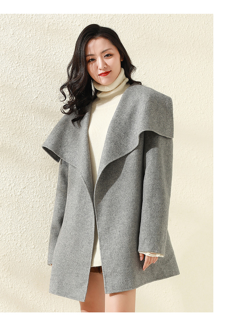 hb2046秋冬季新款宽松羊绒开衫系带修身法兰绒女士毛呢子大衣外套